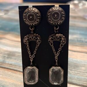 Post back earrings. Dangle chain with square crystal. Antique silver look.